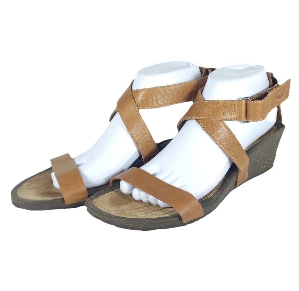 Teva Women’s Cabrillo US9,5 Brown Leather Cork CrissCross Strappy Wedge Sandals